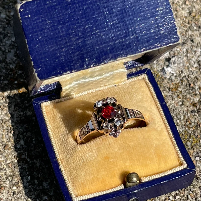 Estate 10K Rose Gold Ring with Red Composite Stone and Diamond Accents