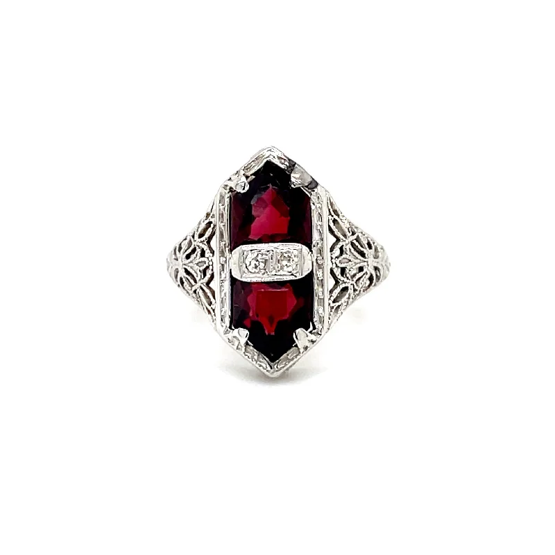 ESTATE 14K WHITE GOLD GARNET FILIGREE RING WITH DIAMOND ACCENTS