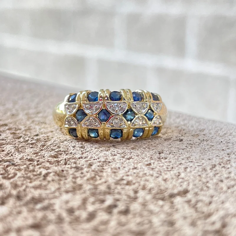 ESTATE 14K YELLOW DOMED GOLD RING WITH DIAMONDS AND SAPPHIRES