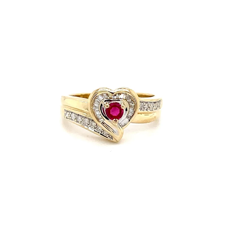 ESTATE 14K YELLOW GOLD BYPASS-STYLE DIAMOND AND RUBY HEART RING