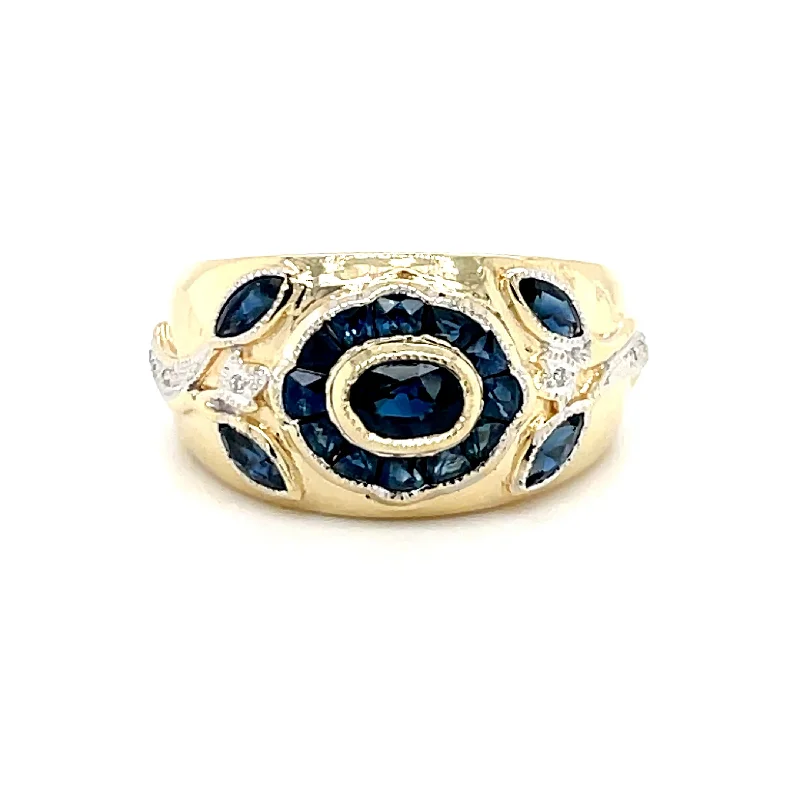 ESTATE 14K YELLOW GOLD FLOWER RING WITH SAPPHIRE AND DIAMOND