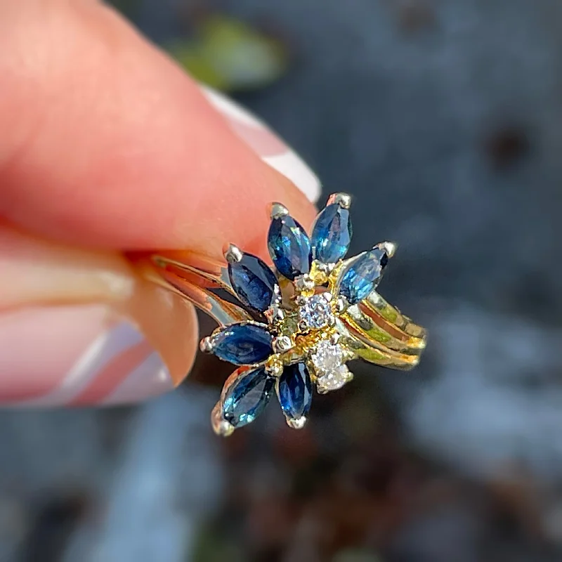 ESTATE 14K YELLOW GOLD RING WITH MARQUISE SHAPED BLUE SAPPHIRES AND DIAMONDS