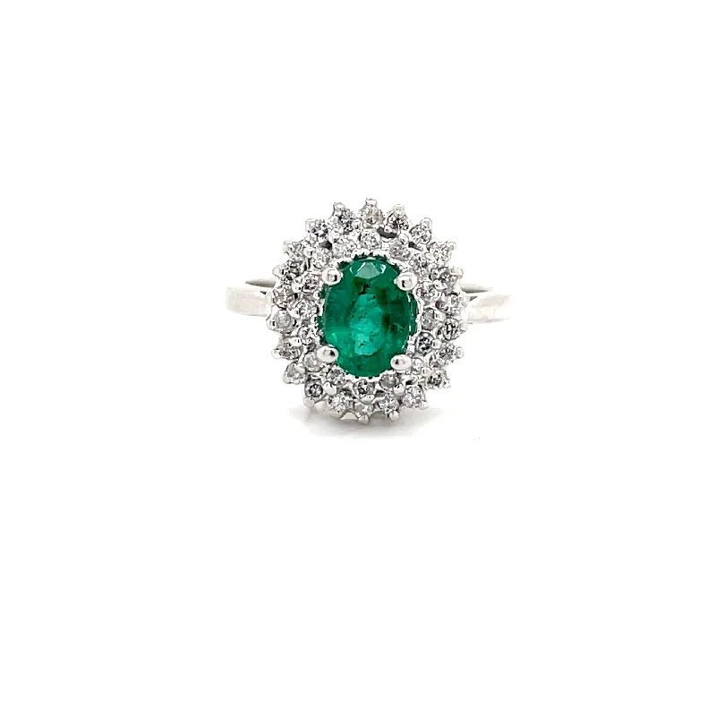 ESTATE 14KW Gold Double Halo Emerald Ring