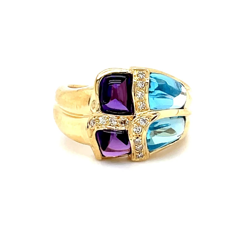 ESTATE 18K YELLOW GOLD BLUE TOPAZ & AMETHYST CABOCHON RING