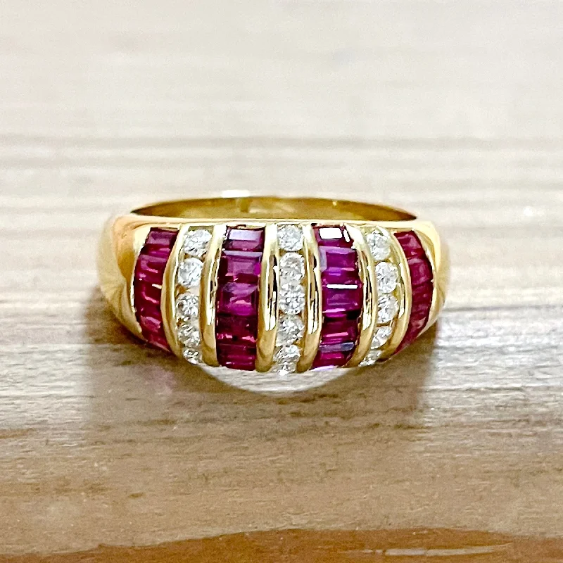 ESTATE 18K YELLOW GOLD DOMED FASHION RING WITH RUBIES AND DIAMONDS