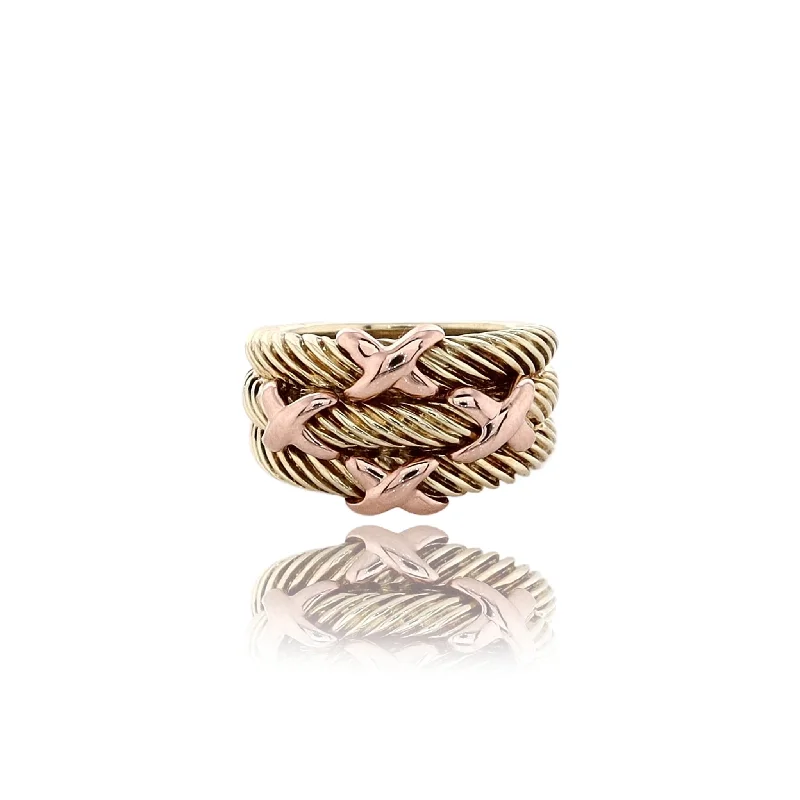 Estate David Yurman 18 Karat Yellow Gold Band Triple Cable with Rose Gold 'X' Design Ring