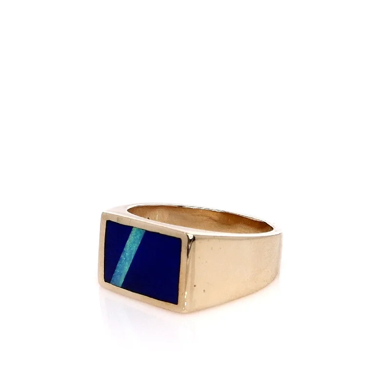 Estate Gents 14k Yellow Gold Rectangular Top 12x8mm Lapis and Opal Ring