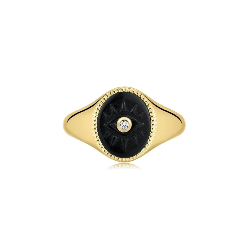 Evil Eye Signet Ring With Black Turquoise & Cz Center Stone