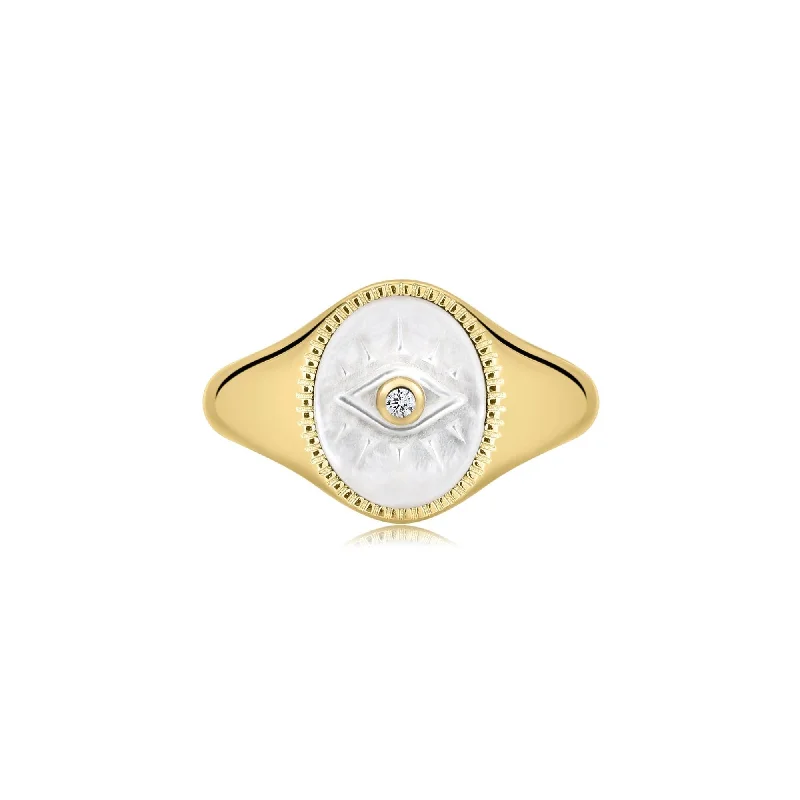 Evil Eye Signet Ring With Mop & Cz Center Stone