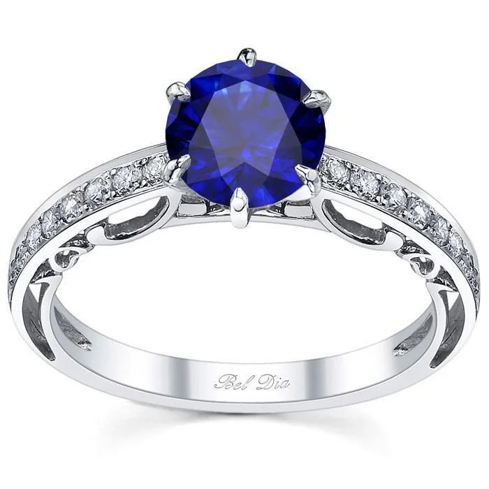 Floral Accented Pave Engagement Ring with Blue Sapphire