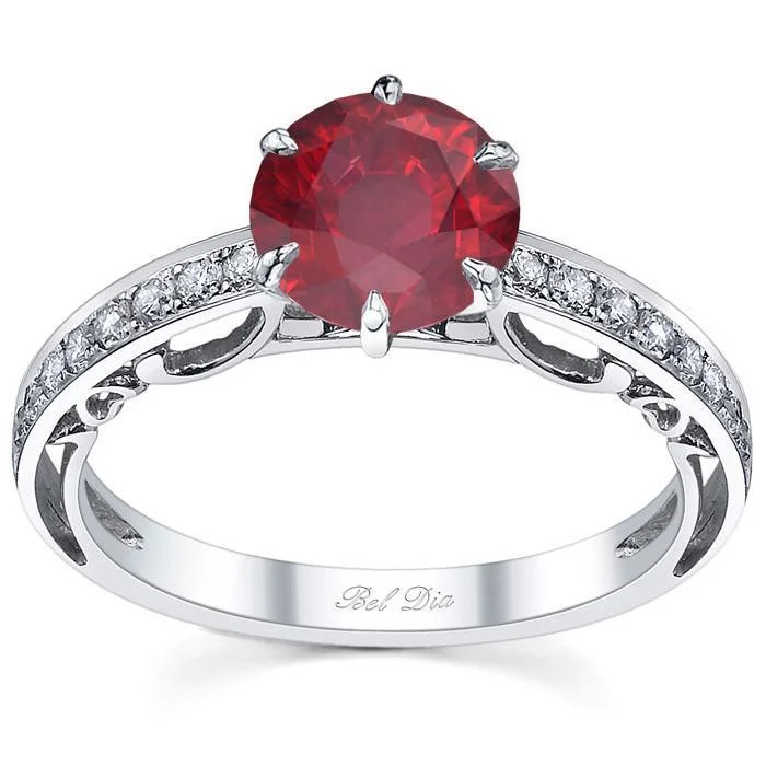 Floral Accented Pave Engagement Ring with Ruby