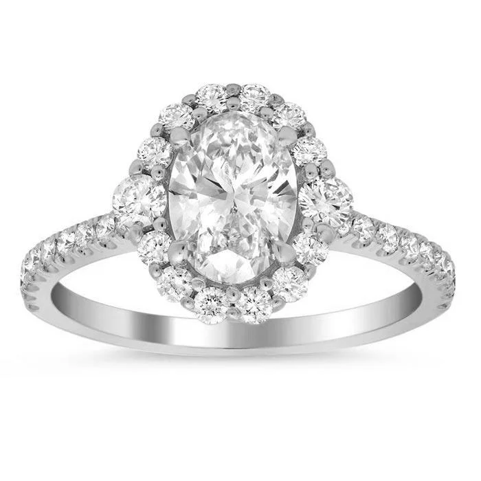 Floral Three Stone Halo Engagement Ring