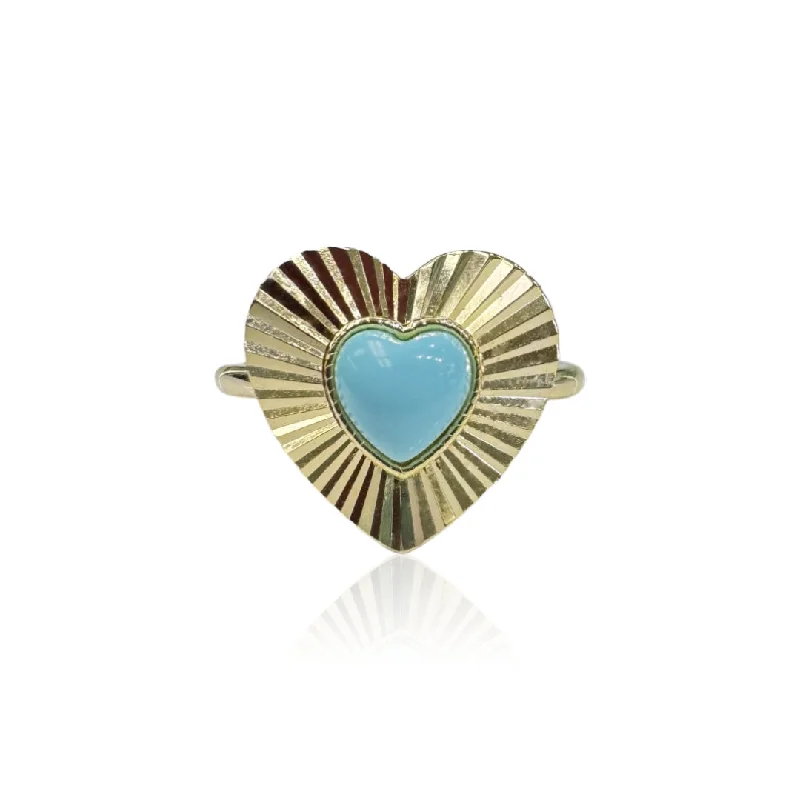 Gold Plated Ruffle Heart Ring With Turquoise Center