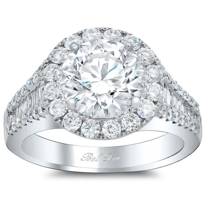 Halo Engagement Ring with Pave and Tapered Baguettes