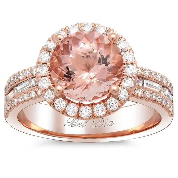 Halo Rose Gold Engagement Ring with Morganite and Baguettes