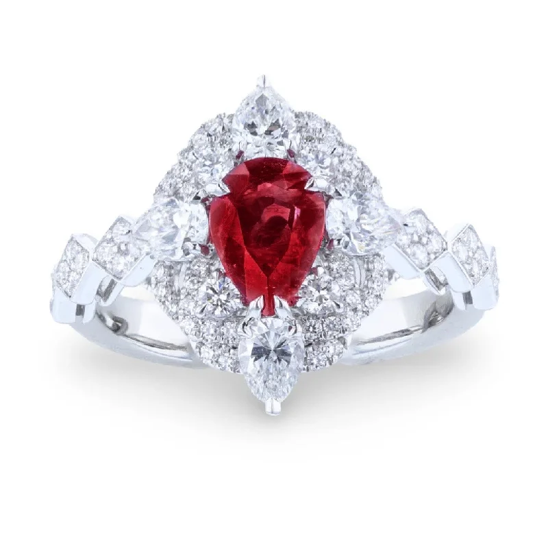 JULEVE 14KT WHITE GOLD 0.92CTW RED EMERALD & 0.94CTW DIAMOND HALO CLUSTER RING