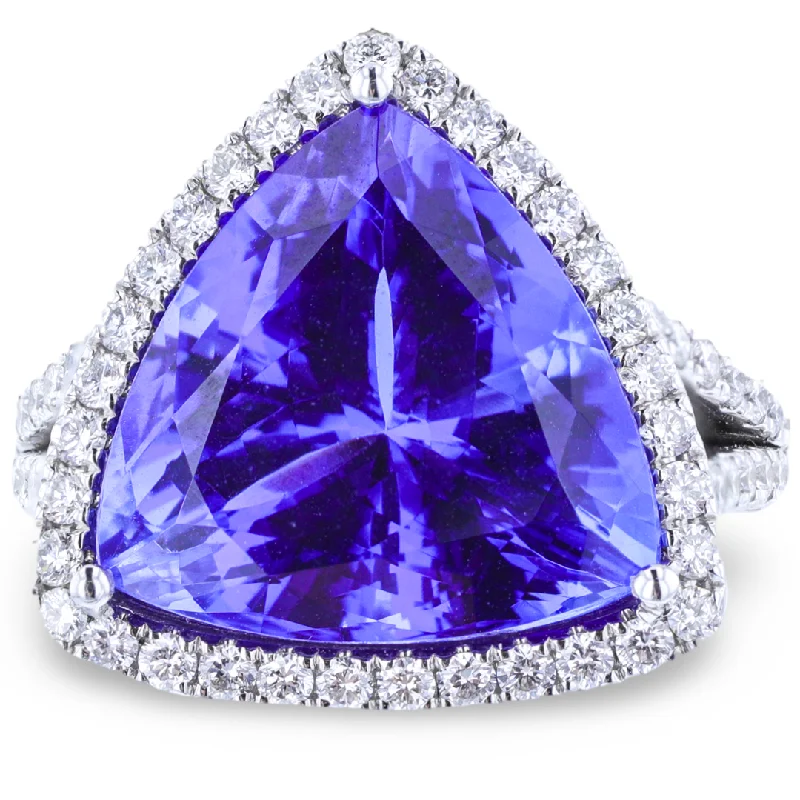 JULEVE 18KT WHITE GOLD 13.58CT TANZANITE & 1.69CTW DIAMOND HALO RING