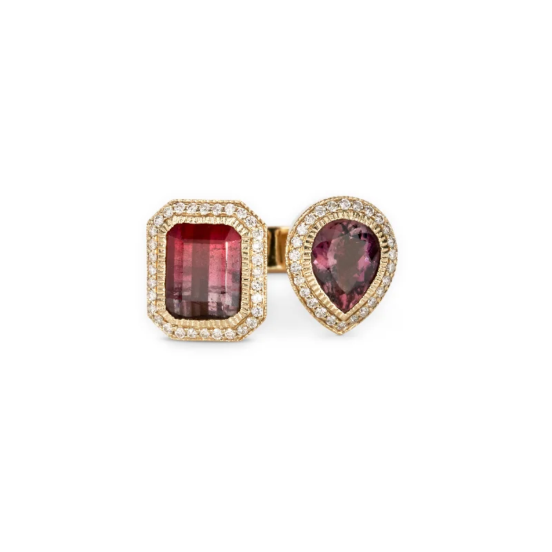 LARGE PAVE TEARDROP + BAGUETTE PINK TOURMALINE OPEN RING