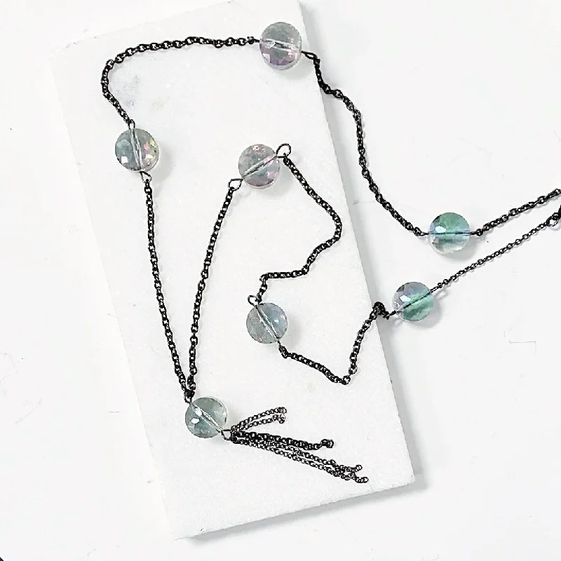 Long crystal and Chain Layering Necklace,