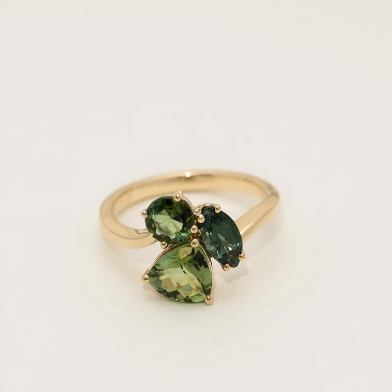 Maine Green Tourmaline Three Stone Ring in 14kt Yellow Gold