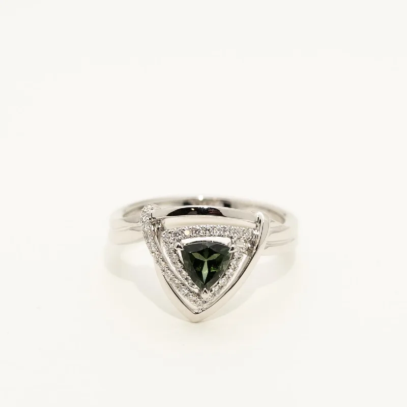 Maine Green Trillion Tourmaline Ring in 14kt White Gold with Diamonds (1/7ct tw)