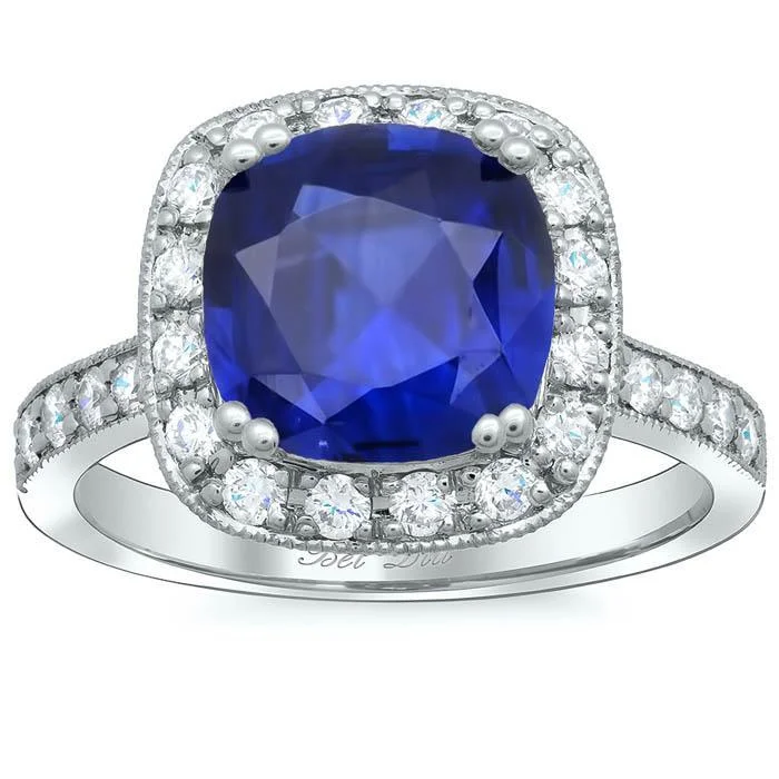 Milgrained Cushion Halo Engagement Ring for Blue Sapphire