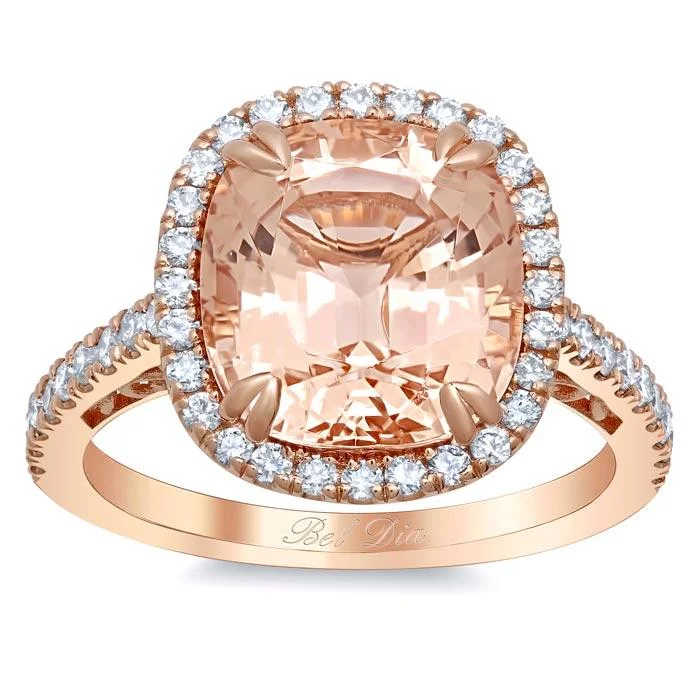 Morganite Rose Gold Halo Engagement Ring with Floral Basket