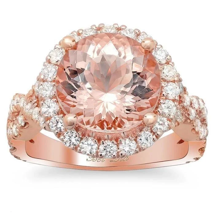 Morganite Rose Gold Halo Engagement Ring with Twisted Split Shank