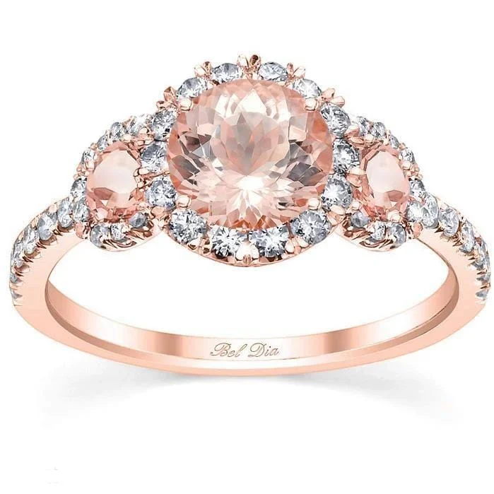 Morganite Rose Gold Halo Three Stone Ring