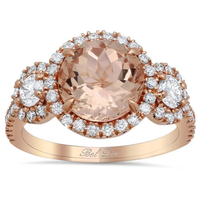 Morganite Three Stone Ring with Side Diamonds