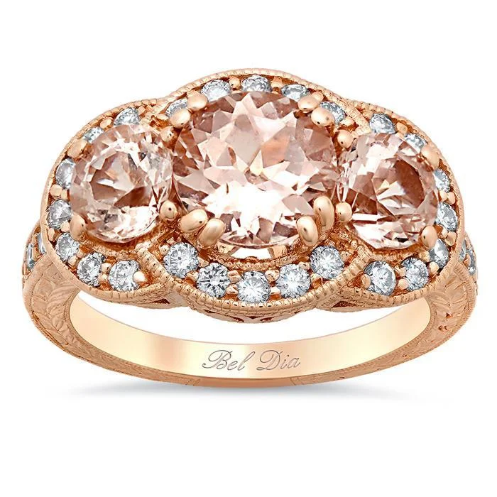 Morganite Three Stone Rose Gold Engagement Ring with Engraving and Milgrain