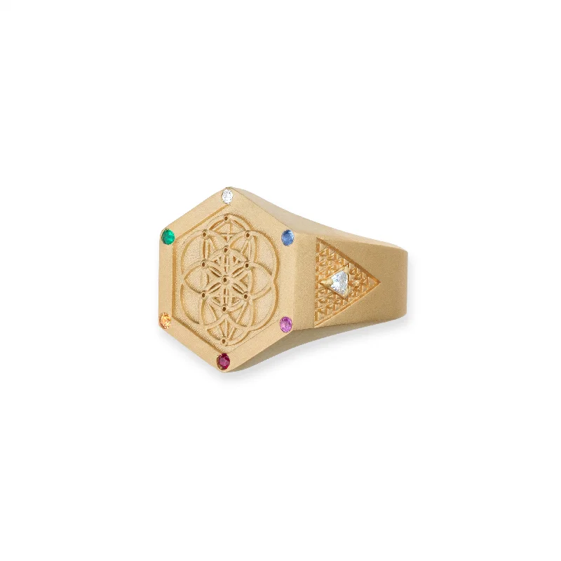 MULTI GEMSTONE SACRED GEOMETRY SIGNET RING