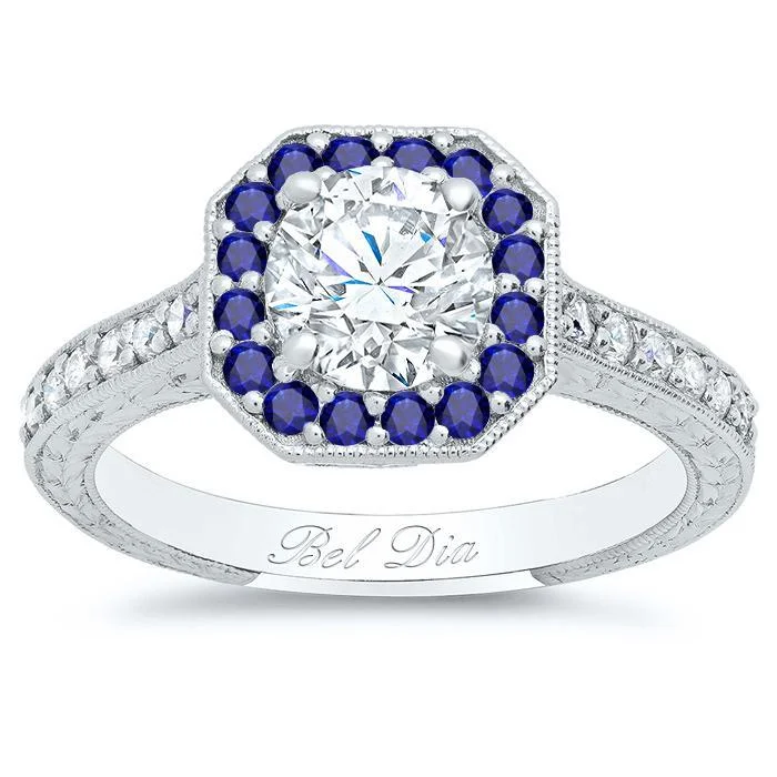 Octagonal Engagement Ring with Sapphire Halo and Diamond Accents