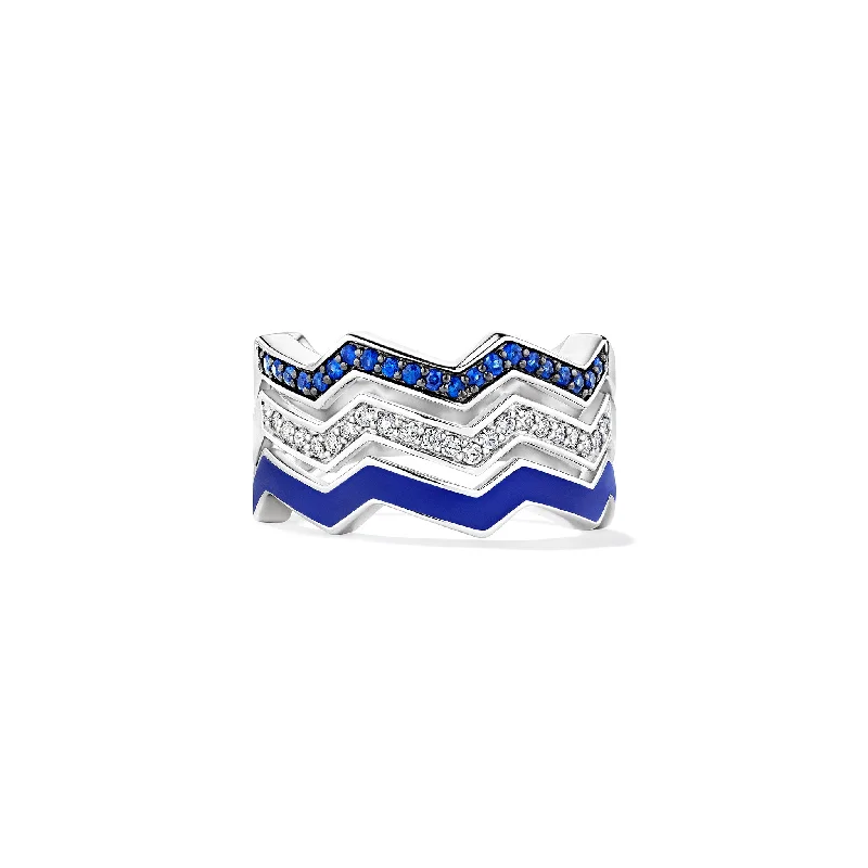 Odyssey Chevron Band Ring with Enamel, Blue Sapphire and Diamonds