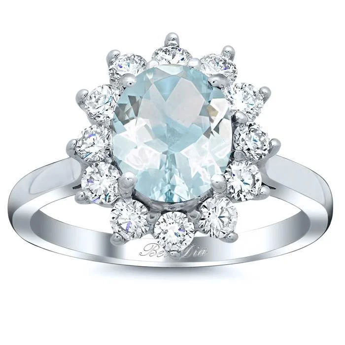 Oval Aquamarine Floral Halo Diamond Engagement Ring