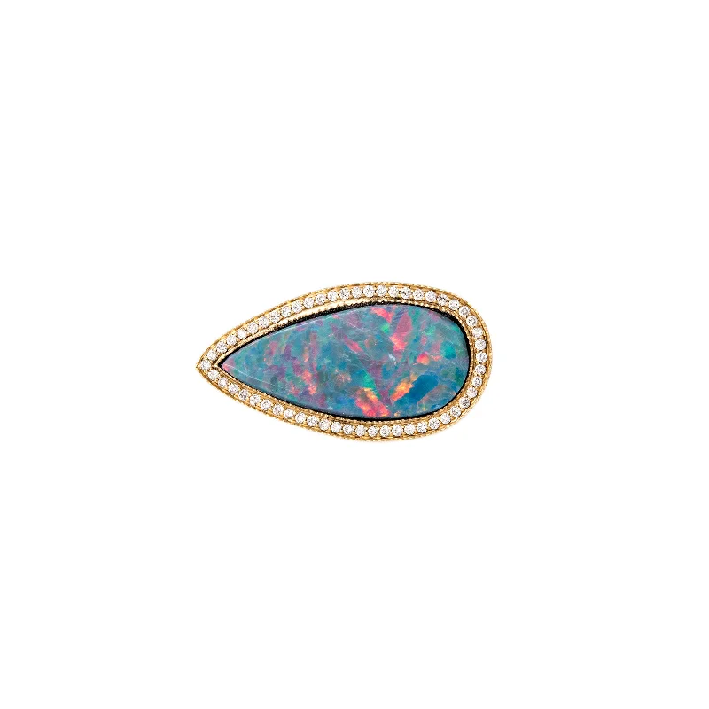 PAVE HORIZONTAL ELONGATED TEARDROP AUSTRALIAN OPAL RING