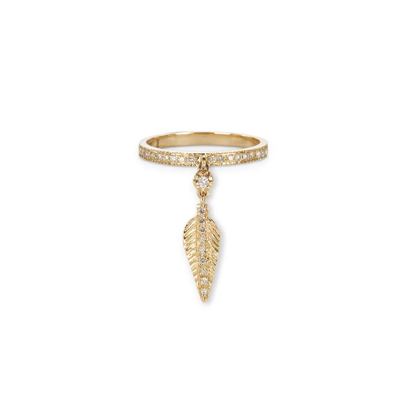 SOPHIA DIAMOND + TINY FEATHER DANGLE PAVE RING