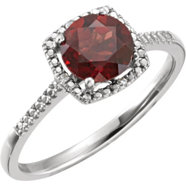 STERLING SILVER 1.65 CT GARNET & .01 CTW DIAMOND HALO RING