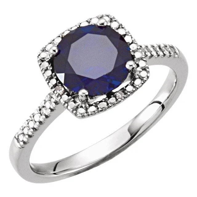 STERLING SILVER 1.85 CT LAB CREATED BLUE SAPPHIRE & .01 CTW DIAMOND HALO RING