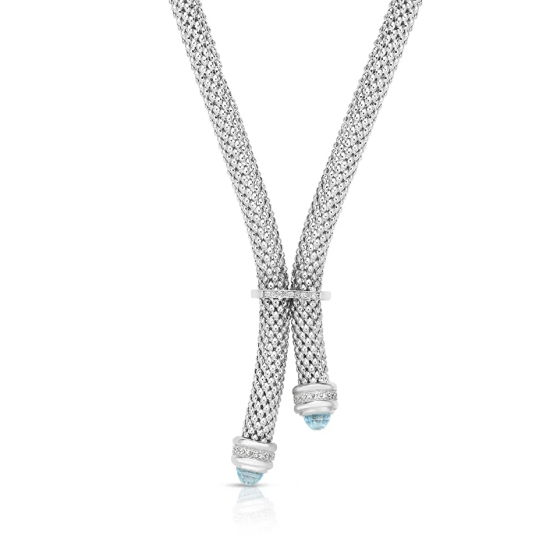 Sterling Silver 18 inches with Rhodium Finish 7mm Shiny Dome Lariat Popcorn Length Necklace with Giant Spring Ring Clasp with 0.0950ct 1mm White Diamond+ Round Blue Topaz