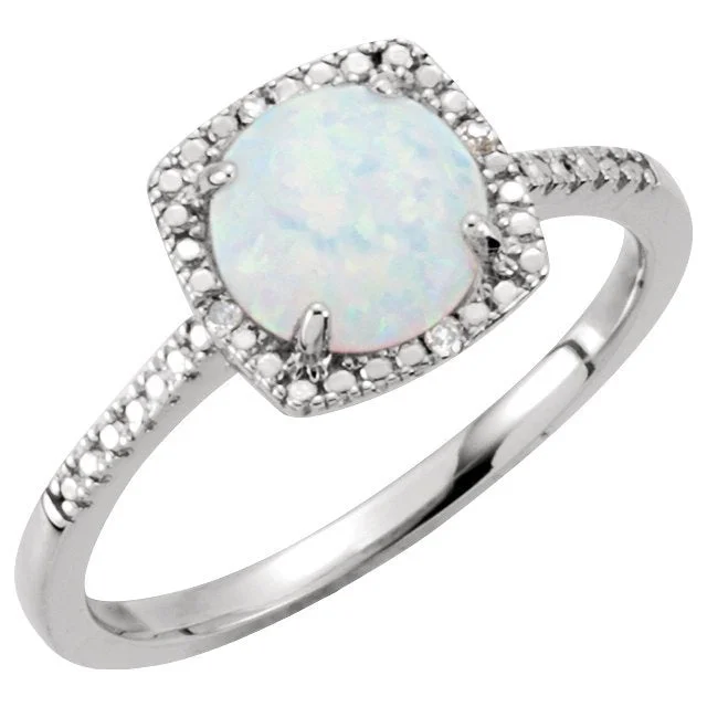 STERLING SILVER 7MM LAB CREATED OPAL & 0.01 CTW DIAMOND HALO RING