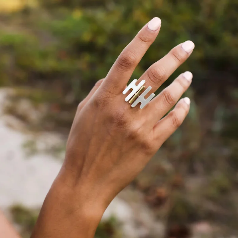 SALE - Striate Reflected-H Cuff Ring - Sterling Silver