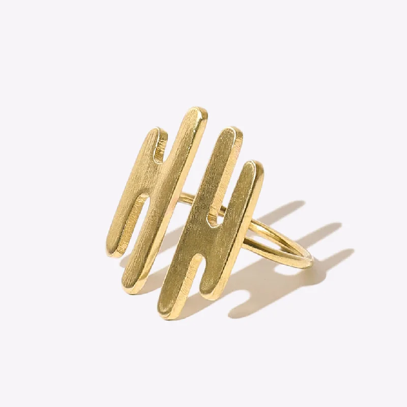 SALE - Striate Reflected-H Cuff Ring - Brass